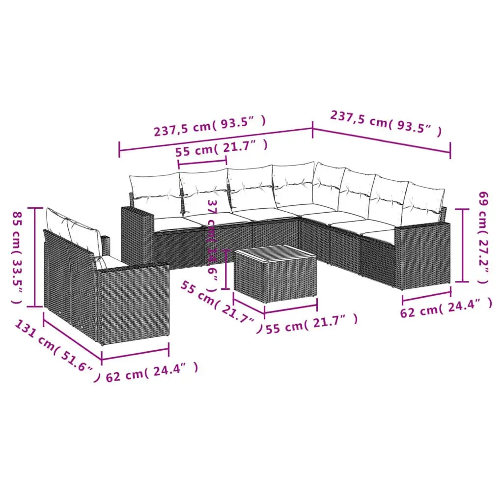 Garden Sofa Set 10 Piece Outdoor Furniture Grey Poly Rattan Modular Patio