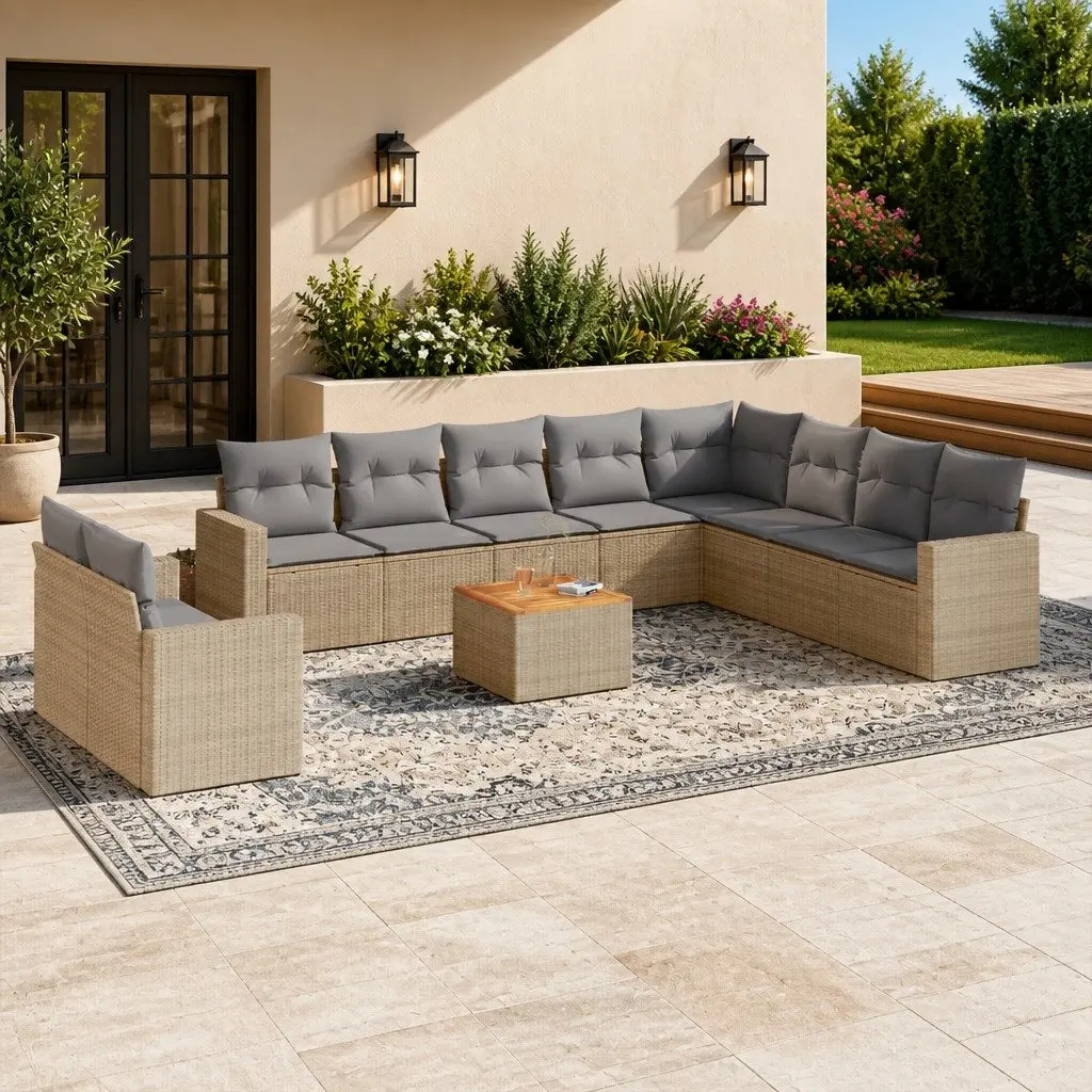 Garden Sofa Set 11 Piece Outdoor Furniture Beige Poly Rattan Patio Seating with
