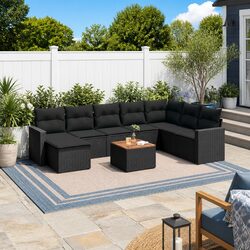 9 Piece Outdoor Garden Sofa Set Black Poly Rattan Patio Furniture with Storage