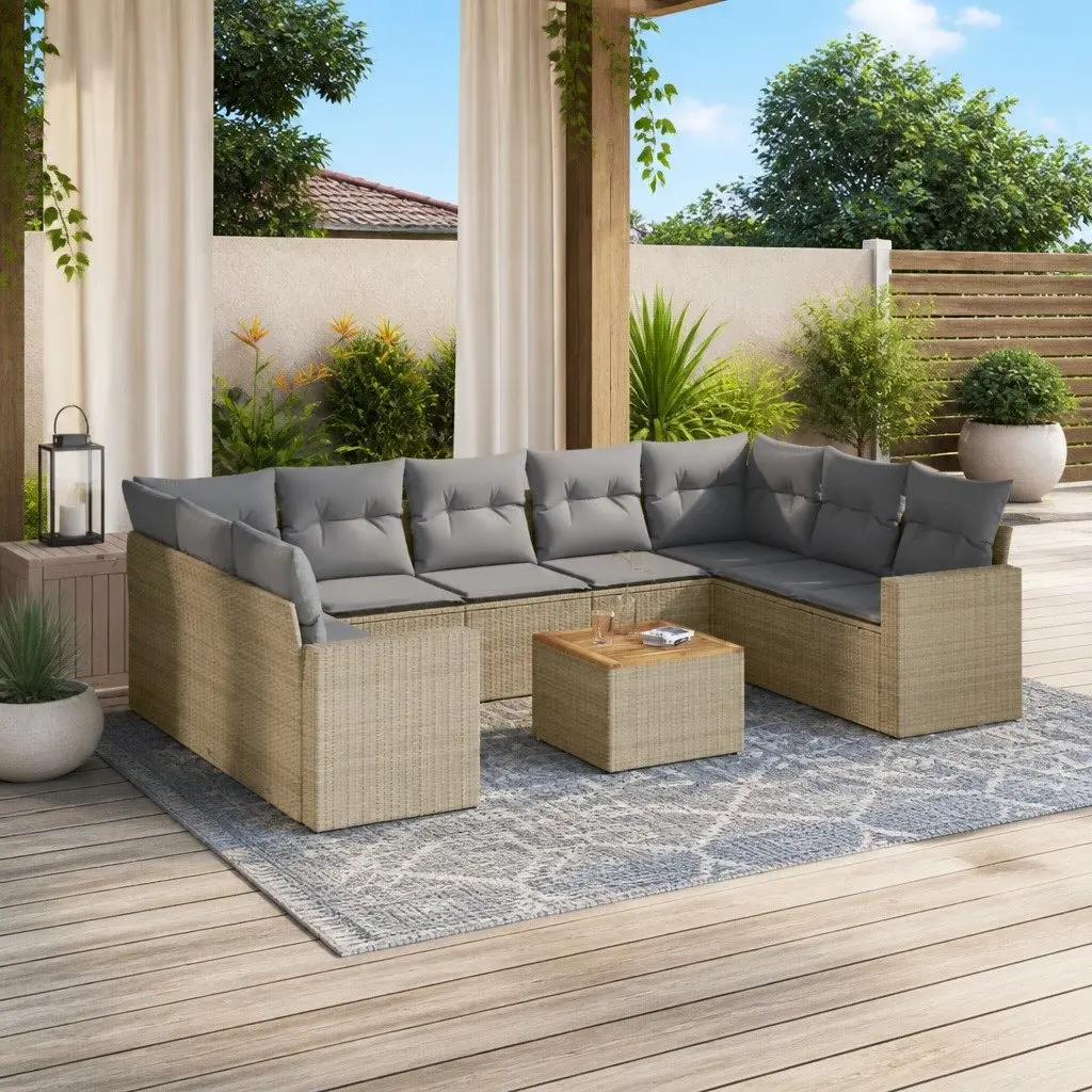 Garden Sofa Set 10 Piece Outdoor Furniture Beige Poly Rattan Patio Seating