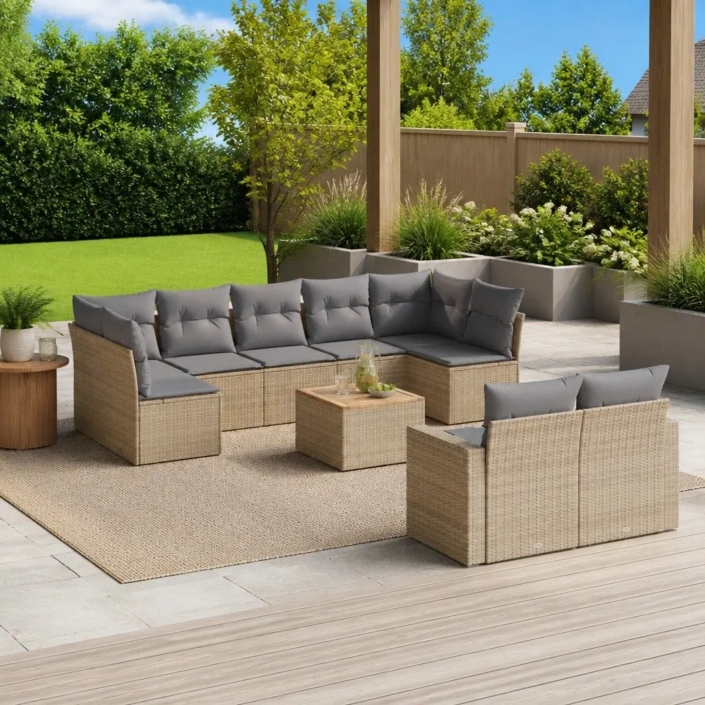 Garden Sofa Set 10 Piece Outdoor Furniture Beige Poly Rattan with Cushions