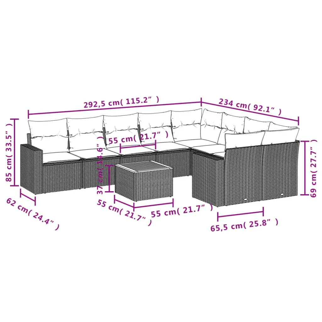 Garden Sofa Set 10 Piece Outdoor Furniture Grey Poly Rattan Patio with Cushions
