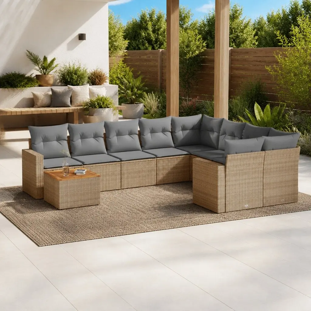 Garden Sofa Set 10 Piece Outdoor Furniture Beige Poly Rattan Patio Lounge with