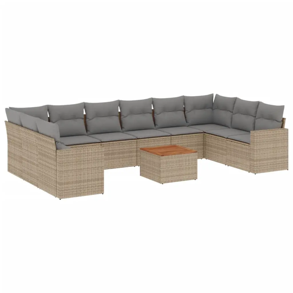 11 Piece Garden Sofa Set Beige Poly Rattan Outdoor Furniture with Storage Function Removable Cushion Covers Acacia Wood Tabletop