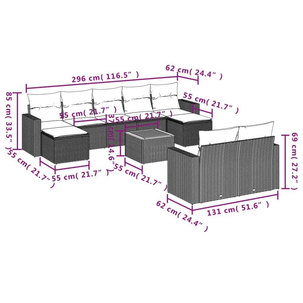 Garden Sofa Set 10 Piece Outdoor Furniture Grey Poly Rattan Modular Patio Lounge