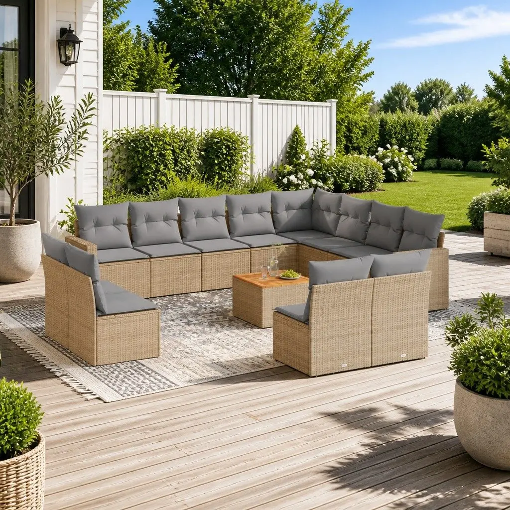 Garden Sofa Set Beige 13 Piece Modular Outdoor Furniture Poly Rattan Patio Lounge