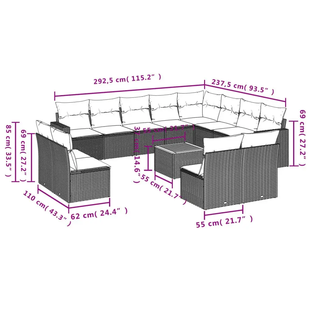 Garden Sofa Set Grey 13 Piece Modular Outdoor Furniture Poly Rattan Patio Lounge Seating