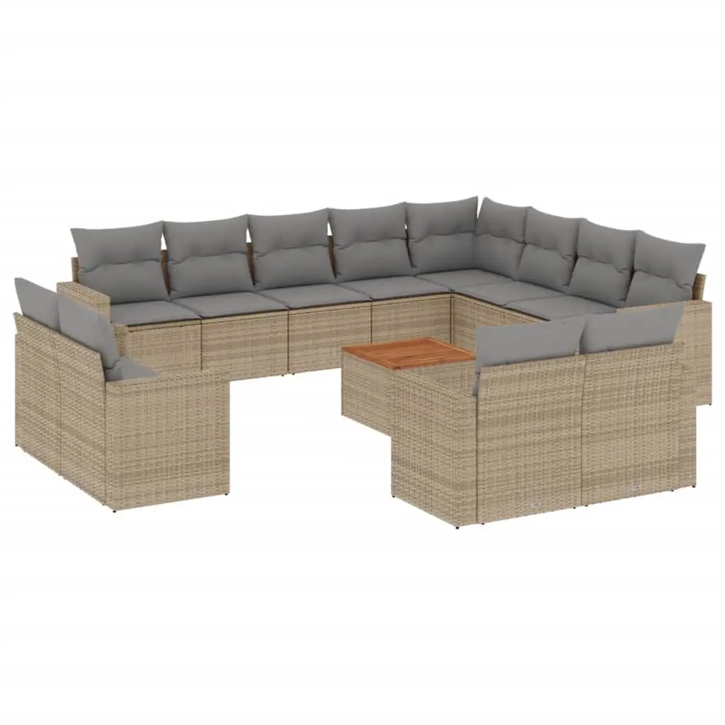 Garden Sofa Set Beige 13 Piece Outdoor Furniture Poly Rattan Patio Seating with Storage Compartments and Acacia Wood Tabletop