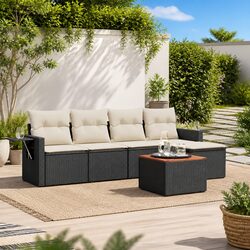 Garden Sofa Set 6 Piece Outdoor Furniture Black Poly Rattan Modular Patio Lounge