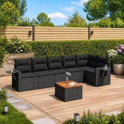 Concise 7 Piece Black Poly Rattan Outdoor Sofa Set