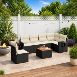 7 Piece Garden Sofa Set Outdoor Furniture Black Poly Rattan with Cushions