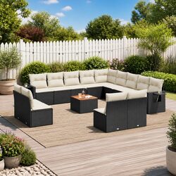 Garden Sofa Set 14 Piece Black Poly Rattan Outdoor Furniture with Cushions