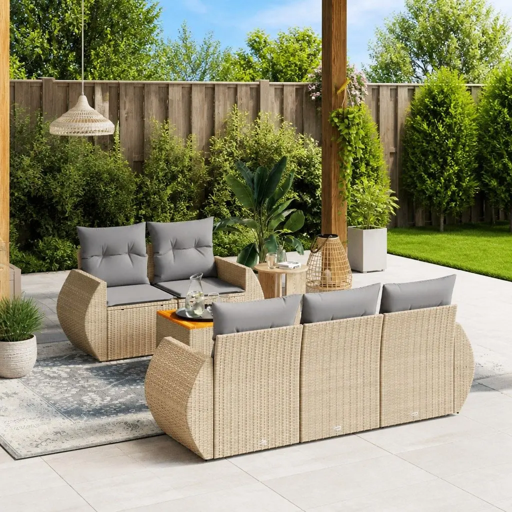Outdoor Garden Sofa Set 6 Piece with Cushions Beige Poly Rattan Patio Furniture