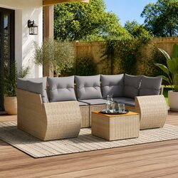 Garden Sofa Set 7 Piece Outdoor Furniture Beige Poly Rattan Patio Seating