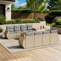 Garden Sofa Set 9 Piece Outdoor Furniture Beige Poly Rattan Patio Lounge Seating