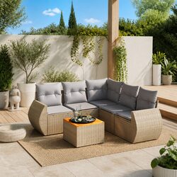 Garden Sofa Set 6 Piece Outdoor Furniture Beige Poly Rattan Patio Seating