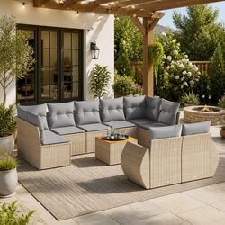 Garden Sofa Set 10 Piece Outdoor Furniture Beige Poly Rattan Patio Sectional
