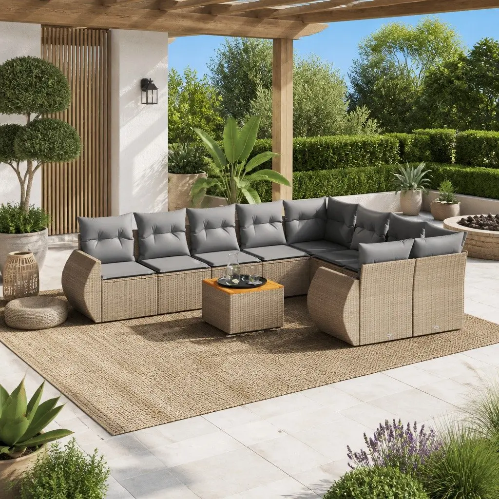 Garden Sofa Set 10 Piece Outdoor Furniture Beige Poly Rattan Patio Lounge with