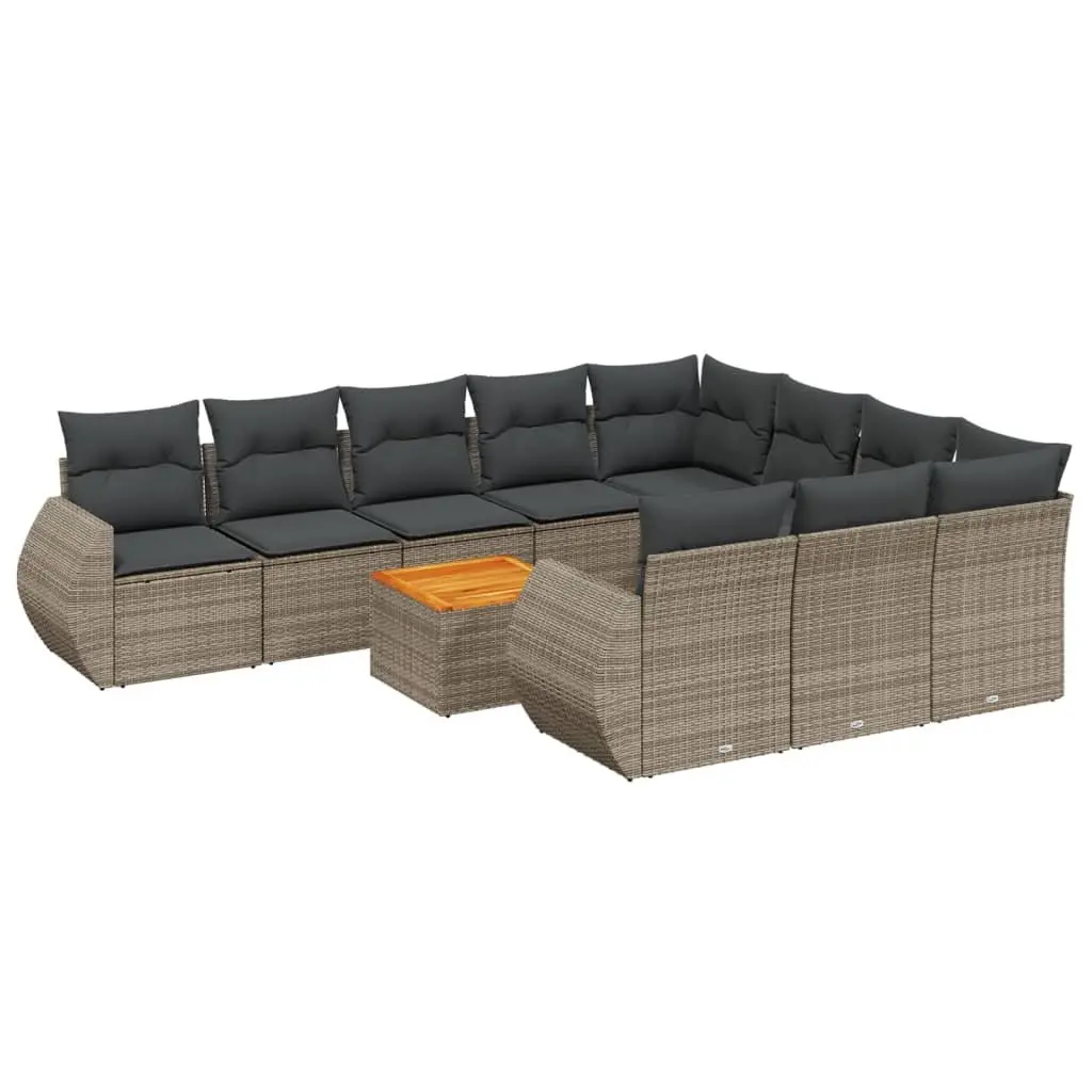 Garden Sofa Set Grey 11 Piece Modular Outdoor Furniture Poly Rattan with Acacia Wood Tabletop and Thick Cushions