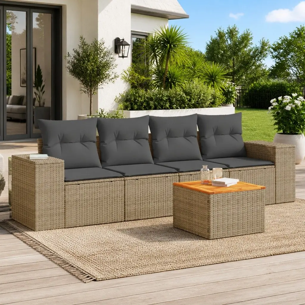 5 Piece Garden Sofa Set Outdoor Furniture Poly Rattan Beige with Cushions Patio