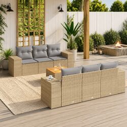 7 Piece Garden Sofa Set Beige Poly Rattan Outdoor Furniture with Cushions