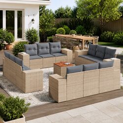Garden Sofa Set 13 Piece Outdoor Furniture Patio Beige Poly Rattan Cushions
