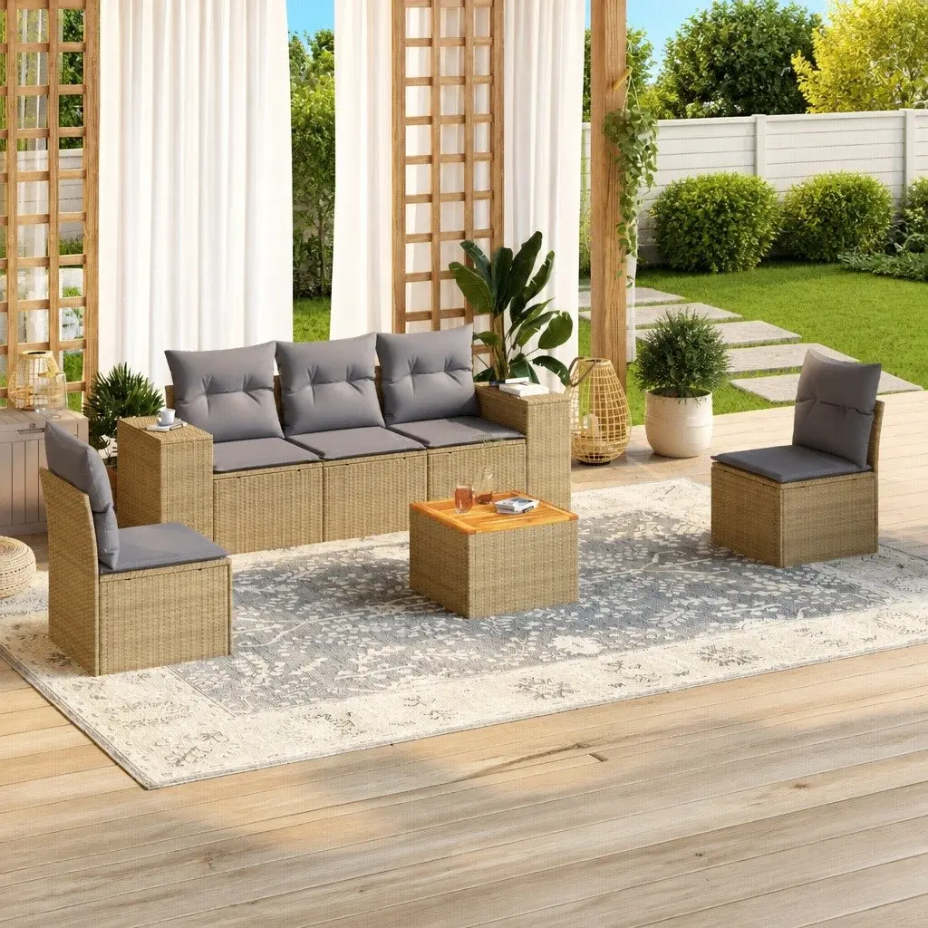 Garden Sofa Set 6 Piece Outdoor Furniture Beige Poly Rattan Patio Seating with