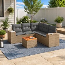Garden Sofa Set 6 Piece Outdoor Furniture Beige Poly Rattan Cushions Modular