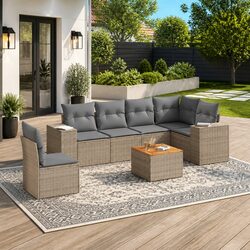 7 Piece Garden Sofa Set Outdoor Furniture Beige Poly Rattan with Cushions Patio