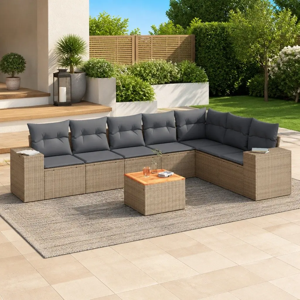 8 Piece Garden Sofa Set Outdoor Furniture Beige Poly Rattan with Cushions Patio
