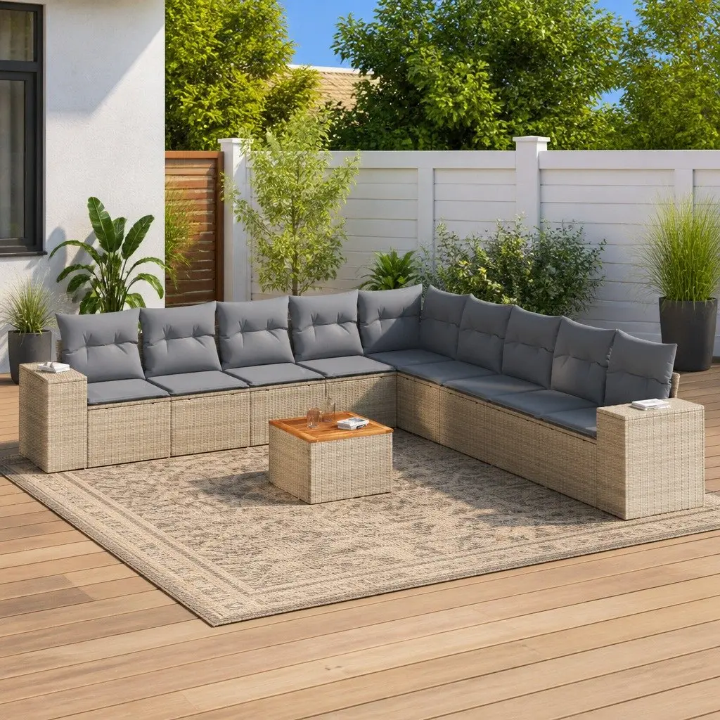 10 Piece Garden Sofa Set with Cushions Beige Poly Rattan Outdoor Furniture
