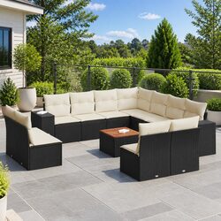 12 Piece Outdoor Garden Sofa Set with Storage Cushions Black Poly Rattan