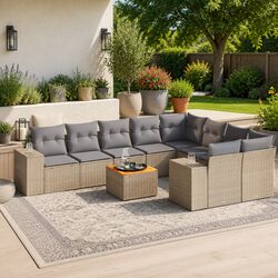 Garden Sofa Set 10 Piece Outdoor Furniture Beige Poly Rattan Patio Seating