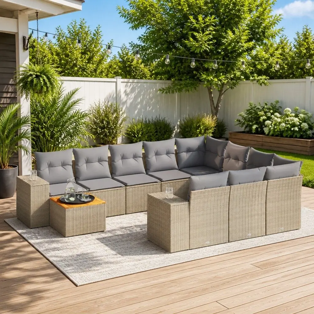 Garden Sofa Set 11 Piece Outdoor Furniture Beige Poly Rattan Patio Lounge