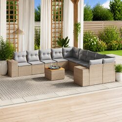 Garden Sofa Set 11 Piece Outdoor Furniture Patio Beige Poly Rattan Modular with