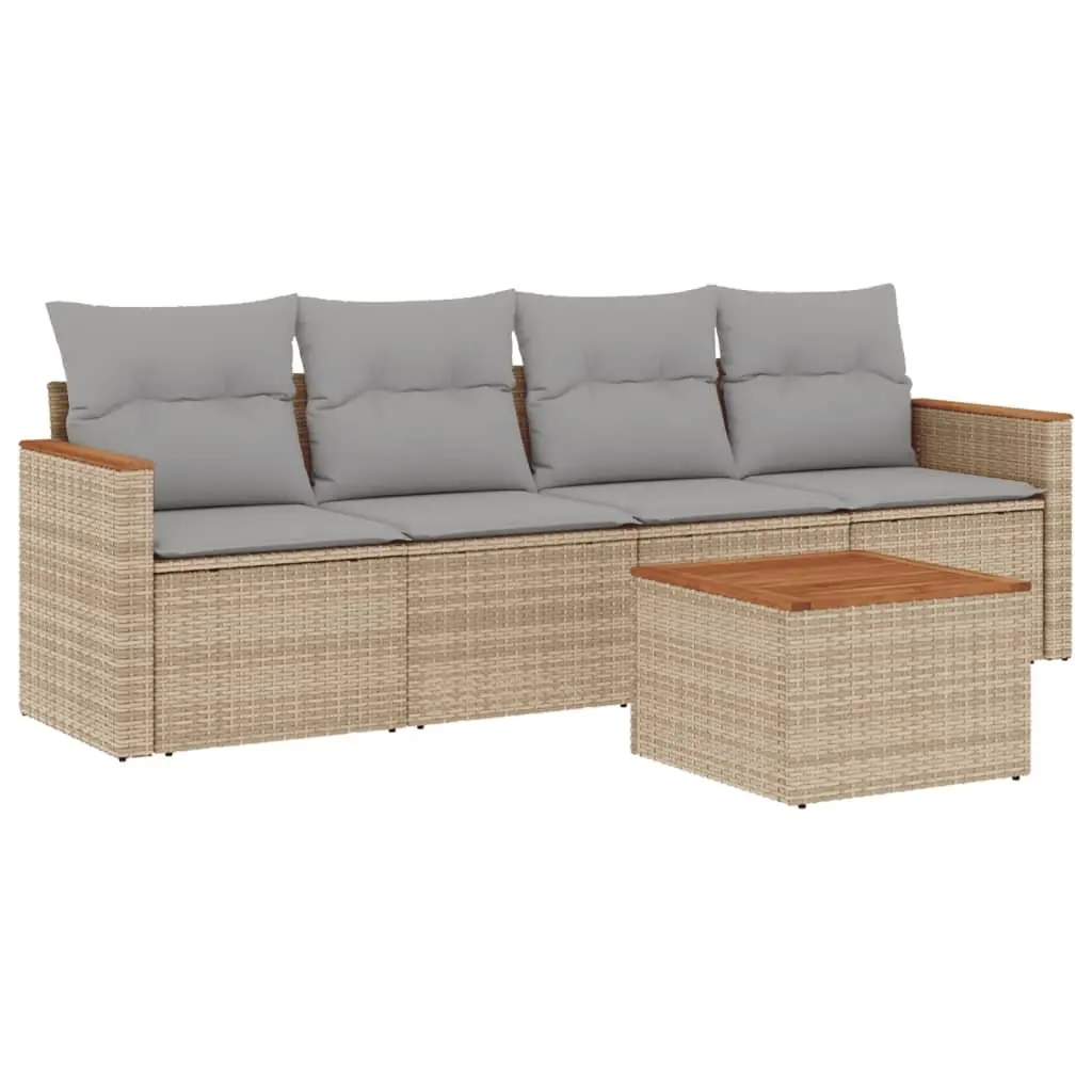 5 Piece Outdoor Garden Sofa Set Beige Poly Rattan Patio Furniture with Cushions