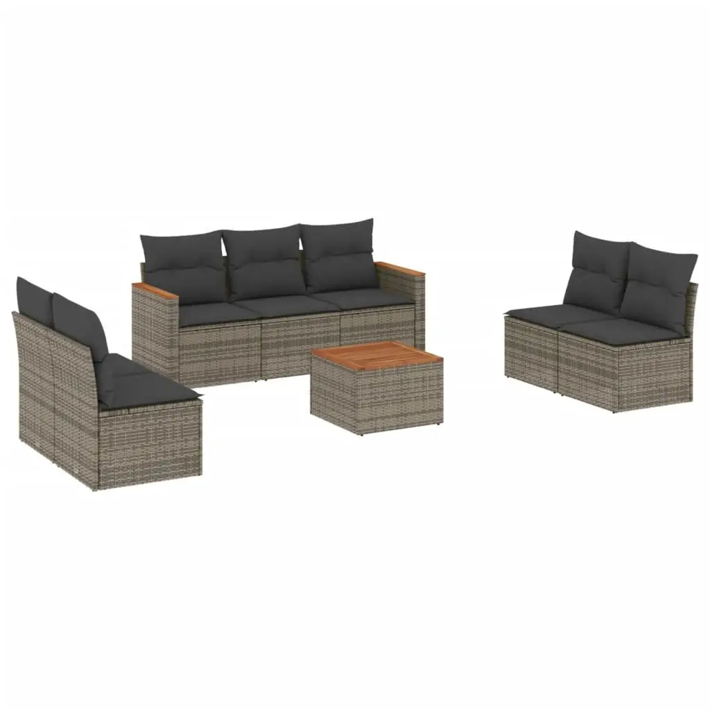 Garden Sofa Set Grey 8 Piece Modular Outdoor Furniture with PE Rattan and Acacia Wood Tabletop