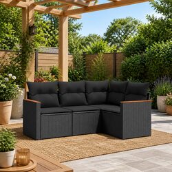 4-Piece Black Rattan Outdoor Sofa Set with Storage