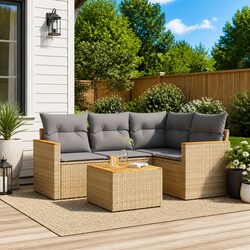 5 Piece Garden Sofa Set Beige Poly Rattan Outdoor Furniture with Storage