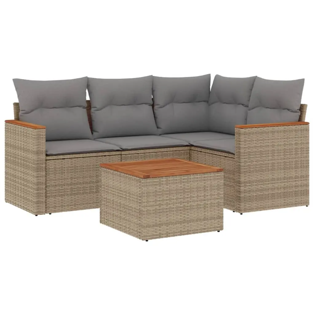 5 Piece Garden Sofa Set Beige Poly Rattan Outdoor Furniture with Storage