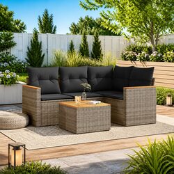 5 Piece Garden Sofa Set with Cushions Grey Poly Rattan Outdoor Patio Furniture