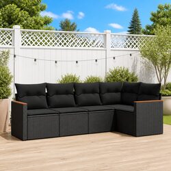 Outdoor Garden Sofa Set 5 Piece Black Poly Rattan Furniture with Cushions