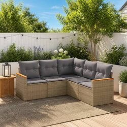 5 Piece Garden Sofa Set Outdoor Patio Furniture Beige Poly Rattan with Cushions