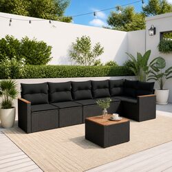 Garden Sofa Set 7 Piece Outdoor Furniture Black Poly Rattan Patio Seating with