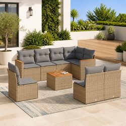 Concise 9-Piece Outdoor Sofa Set in Beige Rattan