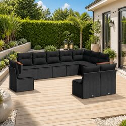 Garden Sofa Set 10 Piece Outdoor Furniture Patio Black Poly Rattan Modular