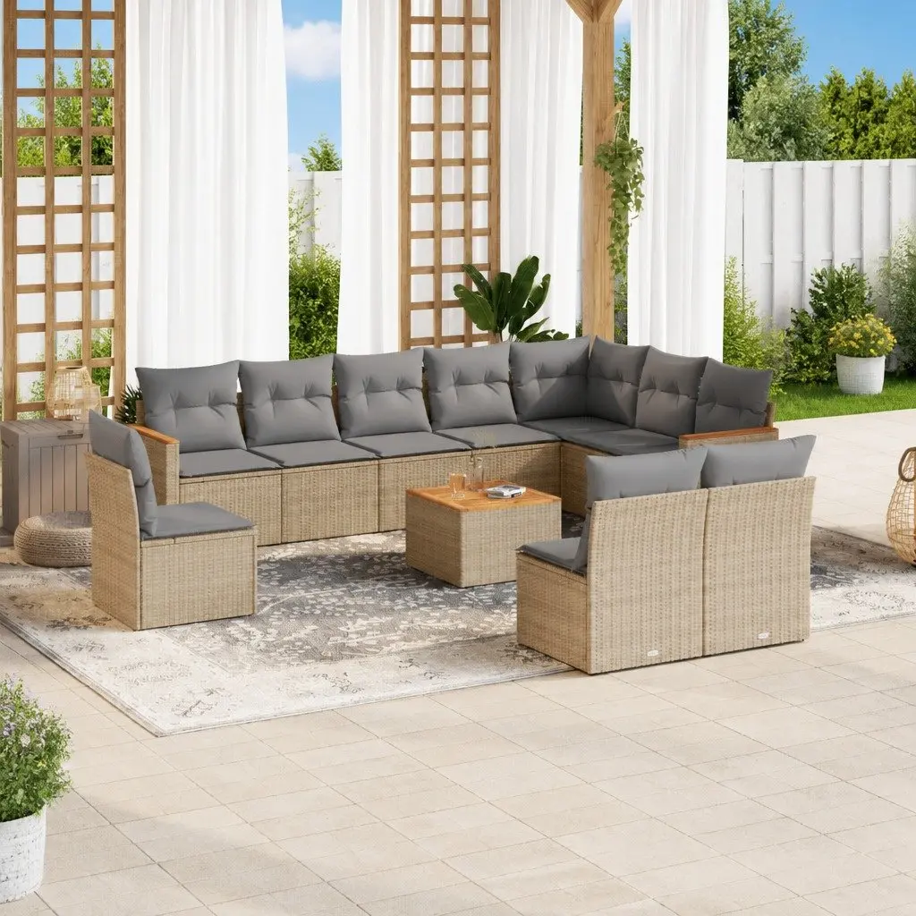 Garden Sofa Set 11 Piece Outdoor Furniture Beige Poly Rattan Patio Sectional