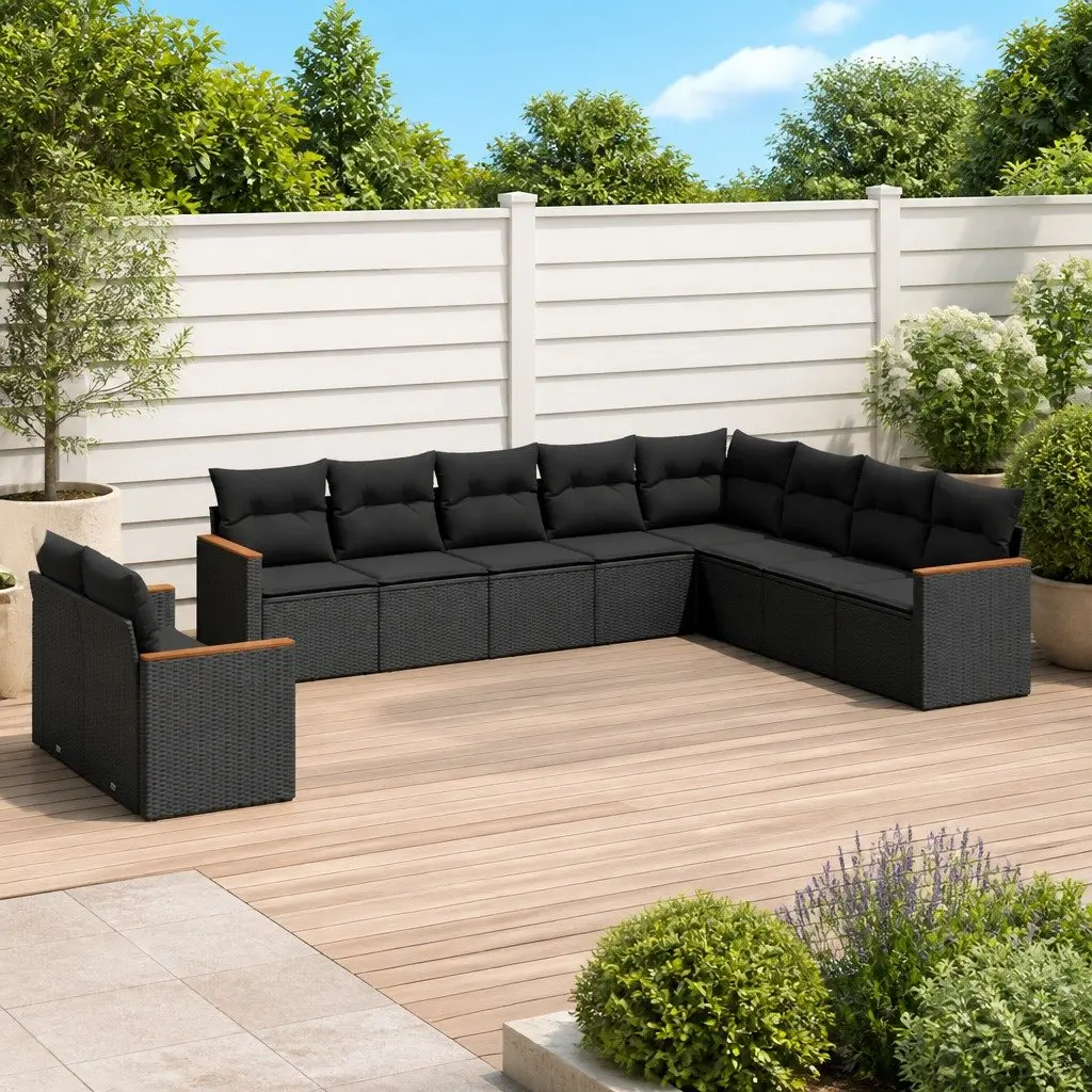 Garden Sofa Set Black 10 Piece Outdoor Furniture Poly Rattan Patio Seating with Removable Cushion Covers