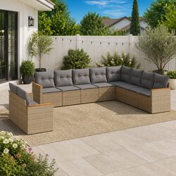10 Piece Garden Sofa Set Beige Outdoor Furniture Patio Rattan with Cushions