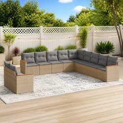 Compact 11 Piece Sofa Set - Beige Poly Rattan